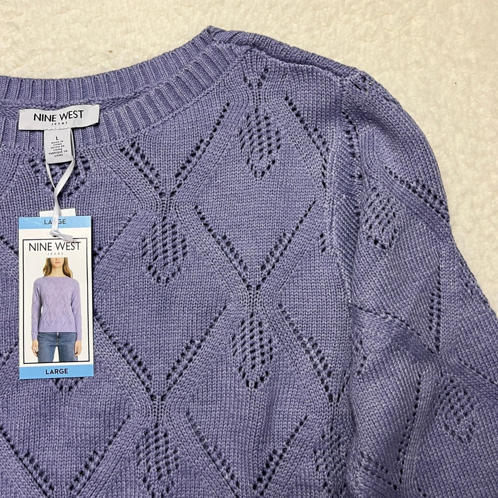 Nine‎ West Sweater Womens Large Purple Pointelle Knit Diamond Pattern NEW